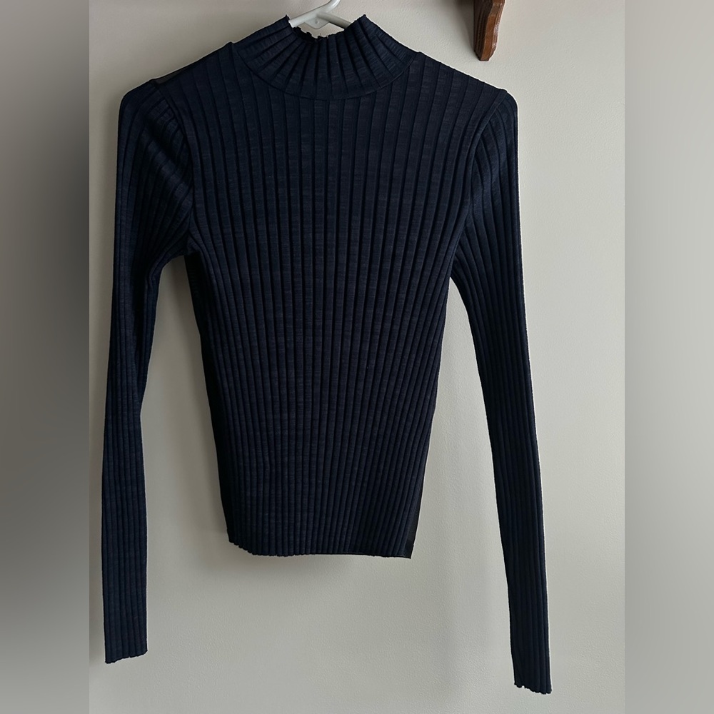 Zara Navy Ribbed Sheer Back Top